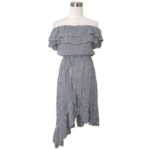 Carly Jean Off the Shoulder Striped Asymmetrical Ruffle Dress Navy Blue White S